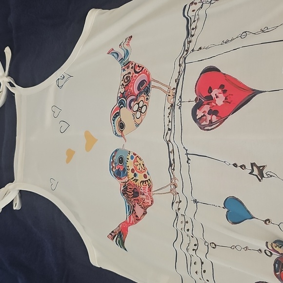 NWOT White Printed Tie Strap Jumpsuit/Overalls Colorful Bird/Heart Design Medium - Picture 14 of 15
